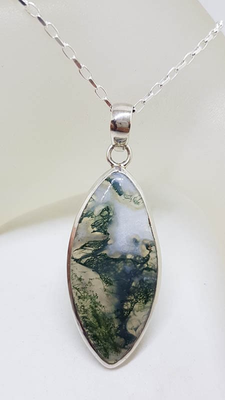 Sterling Silver Moss Agate Large Elongated Bezel Set Pendant on Silver Chain