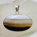 Sterling Silver Black Banded Agate Large Oval Bezel Set Pendant on Silver Chain