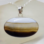 Sterling Silver Black Banded Agate Large Oval Bezel Set Pendant on Silver Chain