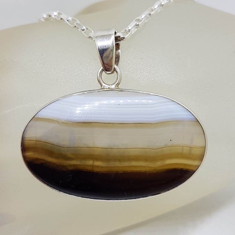 Sterling Silver Black Banded Agate Large Oval Bezel Set Pendant on Silver Chain