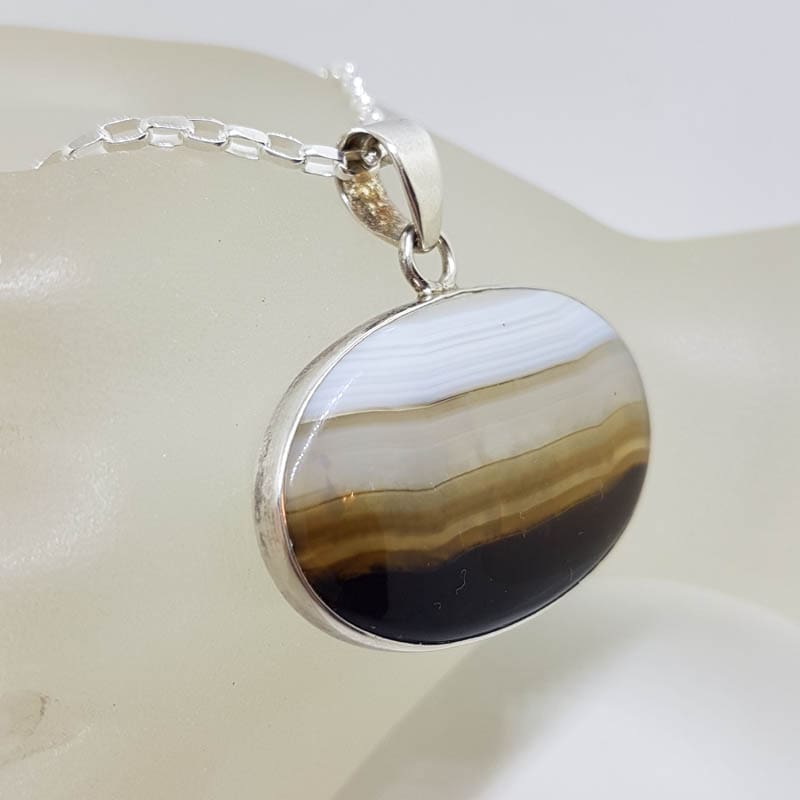 Sterling Silver Black Banded Agate Large Oval Bezel Set Pendant on Silver Chain