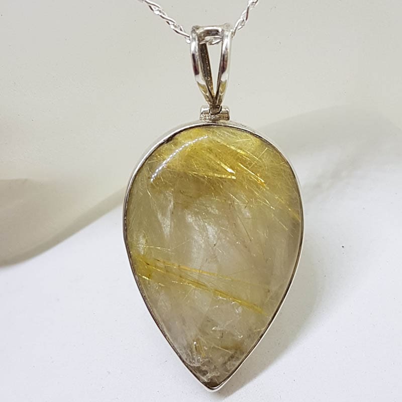 Sterling Silver Rutilated Quartz Large Teardrop / Pear Shape Bezel Set Pendant on Silver Chain