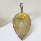 Sterling Silver Rutilated Quartz Large Teardrop / Pear Shape Bezel Set Pendant on Silver Chain