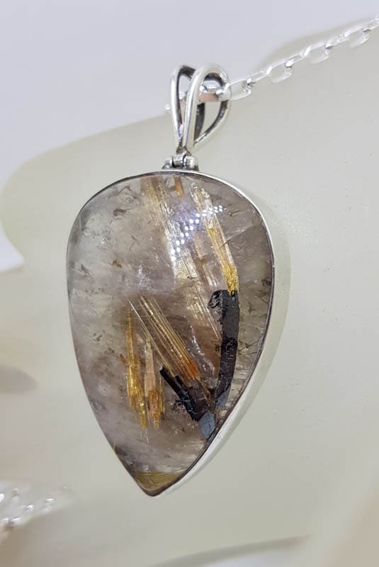Sterling Silver Rutilated Quartz Spectacular Large Teardrop / Pear Shape Bezel Set Pendant on Silver Chain