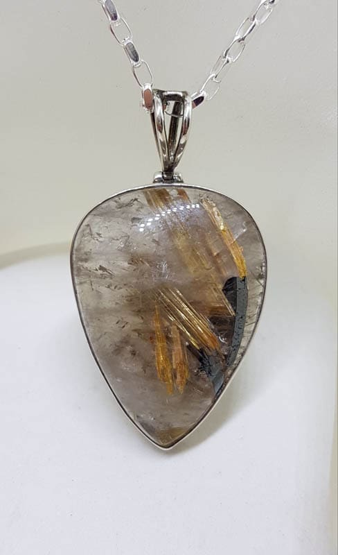 Sterling Silver Rutilated Quartz Spectacular Large Teardrop / Pear Shape Bezel Set Pendant on Silver Chain