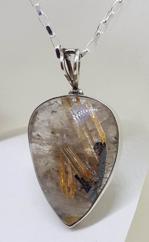 Sterling Silver Rutilated Quartz Spectacular Large Teardrop / Pear Shape Bezel Set Pendant on Silver Chain
