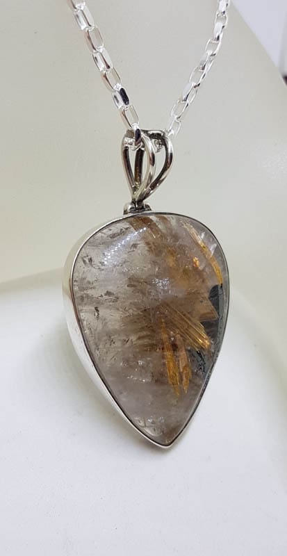 Sterling Silver Rutilated Quartz Spectacular Large Teardrop / Pear Shape Bezel Set Pendant on Silver Chain