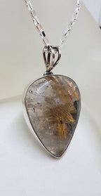 Sterling Silver Rutilated Quartz Spectacular Large Teardrop / Pear Shape Bezel Set Pendant on Silver Chain