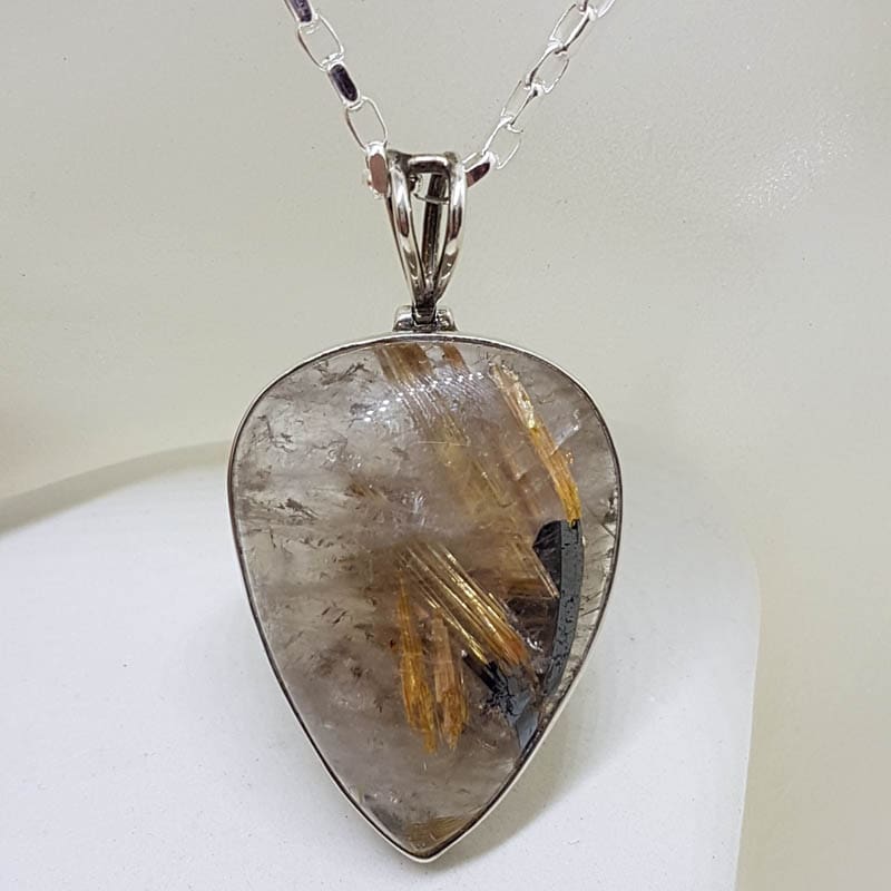 Sterling Silver Rutilated Quartz Spectacular Large Teardrop / Pear Shape Bezel Set Pendant on Silver Chain