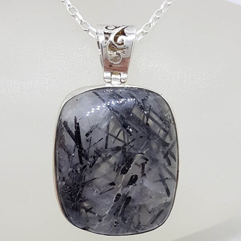 Sterling Silver Tourmalinated / Tourmaline Quartz Large Rectangular Bezel Set Pendant on Silver Chain