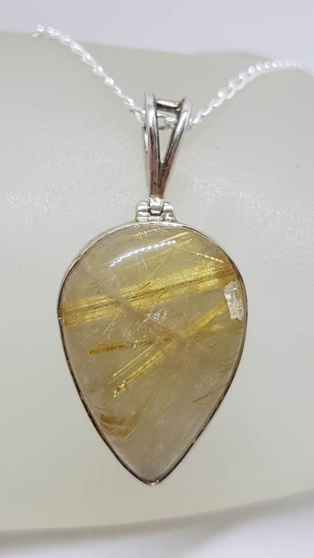Sterling Silver Rutilated Quartz Large Teardrop / Pear Shape Bezel Set Pendant on Silver Chain