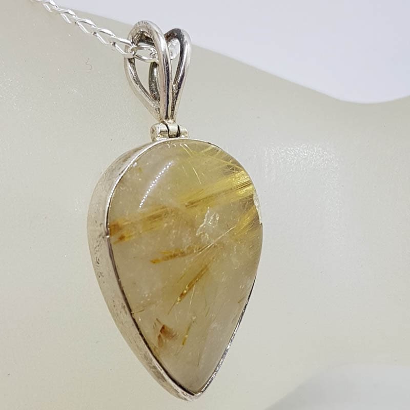 Sterling Silver Rutilated Quartz Large Teardrop / Pear Shape Bezel Set Pendant on Silver Chain