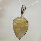 Sterling Silver Rutilated Quartz Large Teardrop / Pear Shape Bezel Set Pendant on Silver Chain