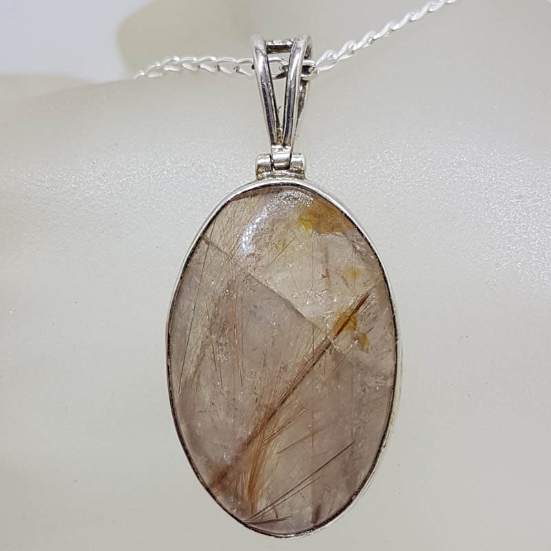 Sterling Silver Rutilated Quartz Large Oval Bezel Set Pendant on Silver Chain