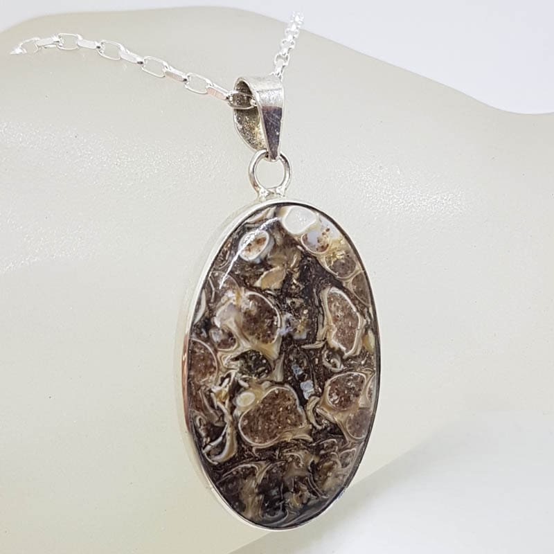Sterling Silver Turritella Agate Fossil Large Oval Bezel Set Pendant on Silver Chain
