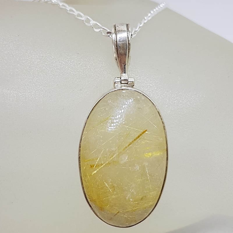 Sterling Silver Rutilated Quartz Large Oval Bezel Set Pendant on Silver Chain