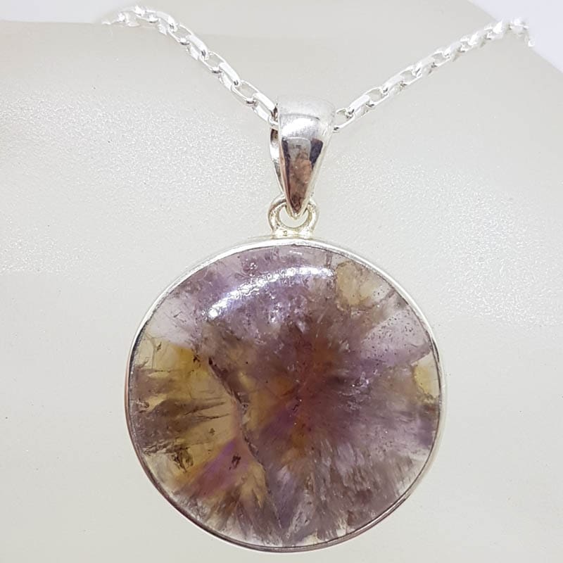 Sterling Silver Large Round Super Seven Melody Stone Bezel Set Pendant on Silver Chain