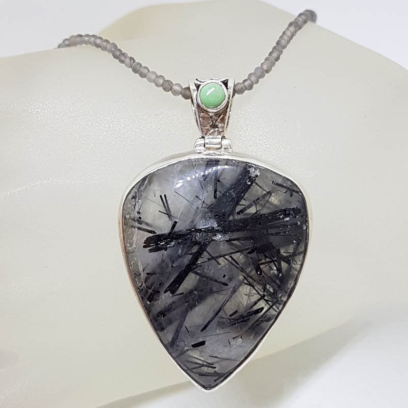 Sterling Silver Large Tourmalinated Quartz with Turquoise Pendant on Tourmaline Bead Chain