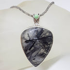 Sterling Silver Large Tourmalinated Quartz with Turquoise Pendant on Tourmaline Bead Chain