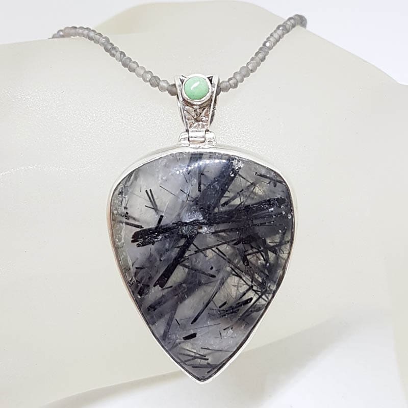 Sterling Silver Large Tourmalinated Quartz with Turquoise Pendant on Tourmaline Bead Chain