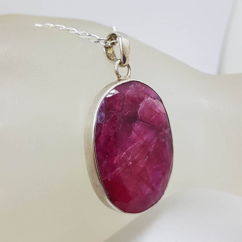 Sterling Silver Ruby Large Oval Bezel Set Pendant on Silver Chain