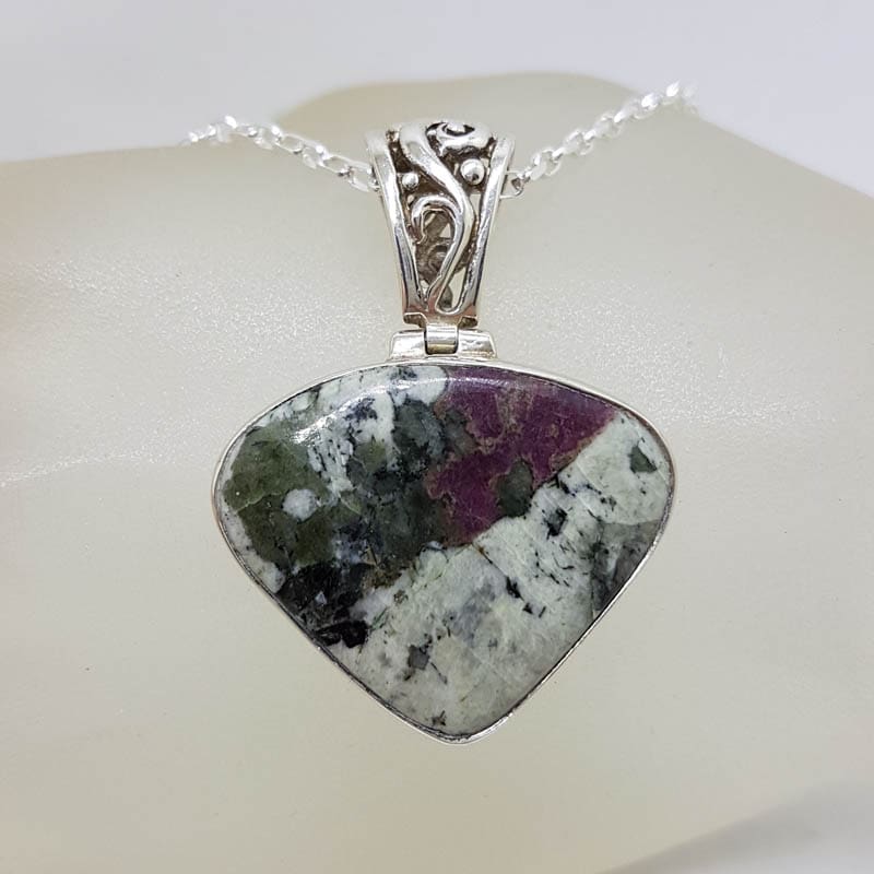 Sterling Silver Ruby Zoisite Triangular Teardrop / Pear Shape with Ornate Top Pendant on Silver Chain