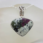 Sterling Silver Ruby Zoisite Triangular Teardrop / Pear Shape with Ornate Top Pendant on Silver Chain