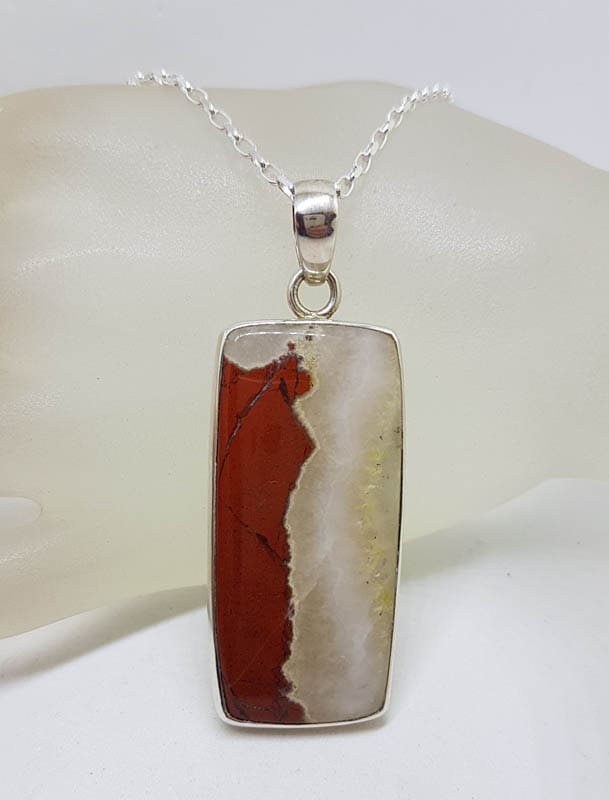 Sterling Silver Brecciated Jasper Large Rectangular Bezel Set Pendant on Silver Chain