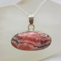 Sterling Silver Rhodochrosite Large Oval Bezel Set Pendant on Silver Chain