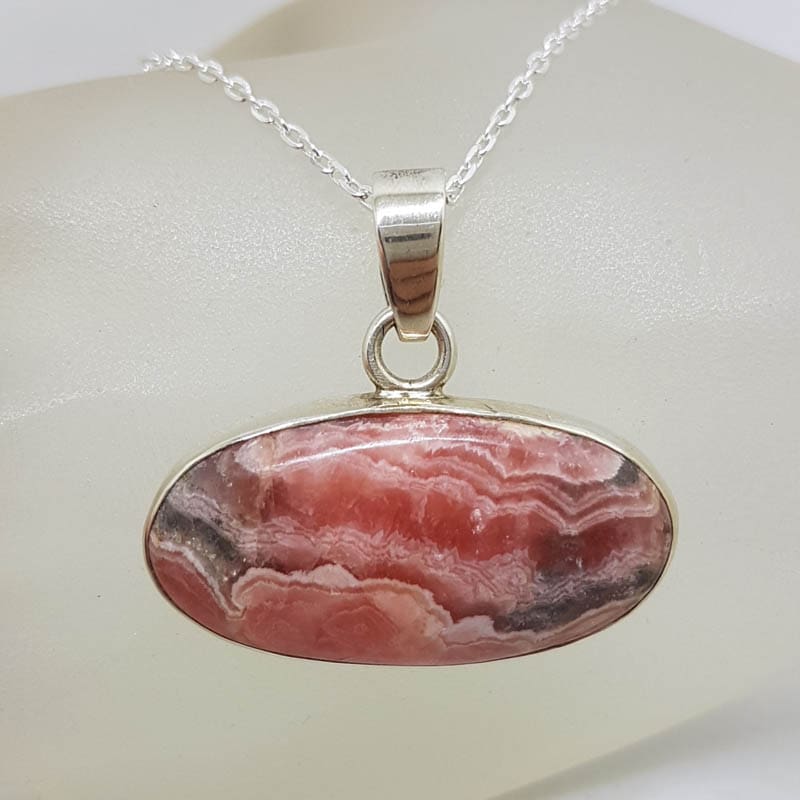 Sterling Silver Rhodochrosite Large Oval Bezel Set Pendant on Silver Chain