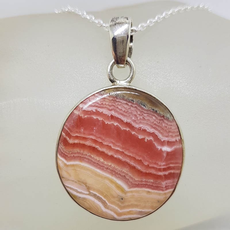 Sterling Silver Rhodochrosite Large Round Bezel Set Pendant on Silver Chain