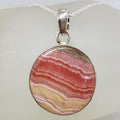Sterling Silver Rhodochrosite Large Round Bezel Set Pendant on Silver Chain