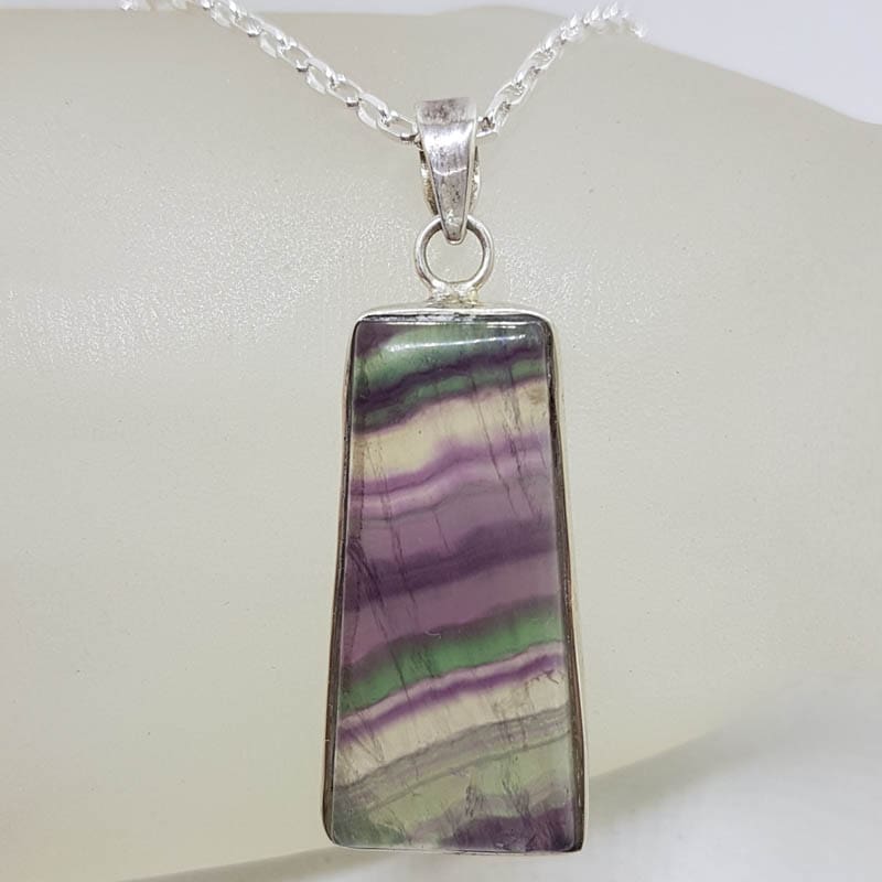 Sterling Silver Fluorite Large Rectangular Bezel Set Pendant on Silver Chain