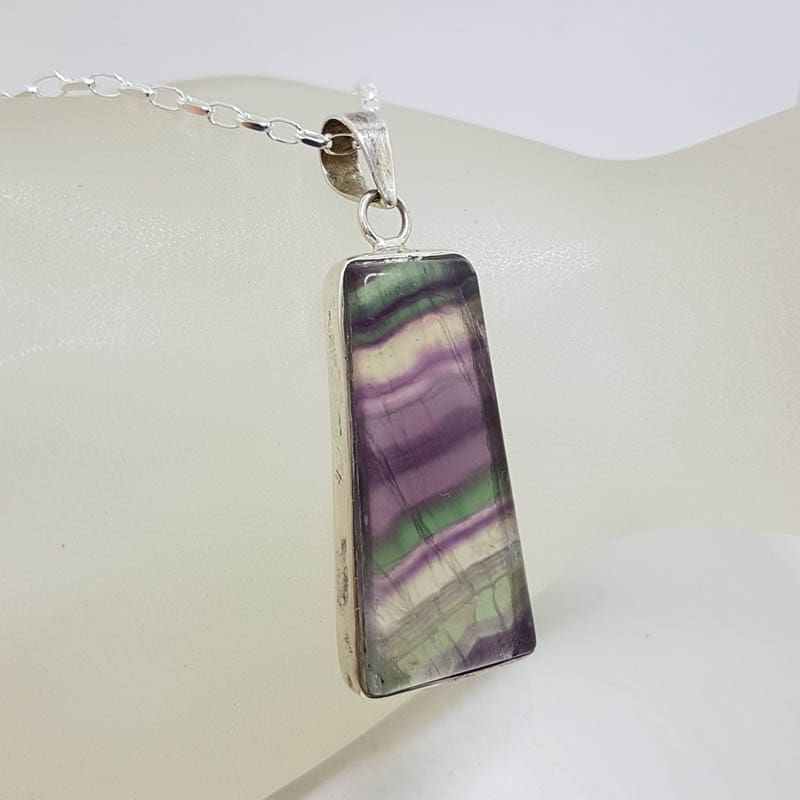 Sterling Silver Fluorite Large Rectangular Bezel Set Pendant on Silver Chain