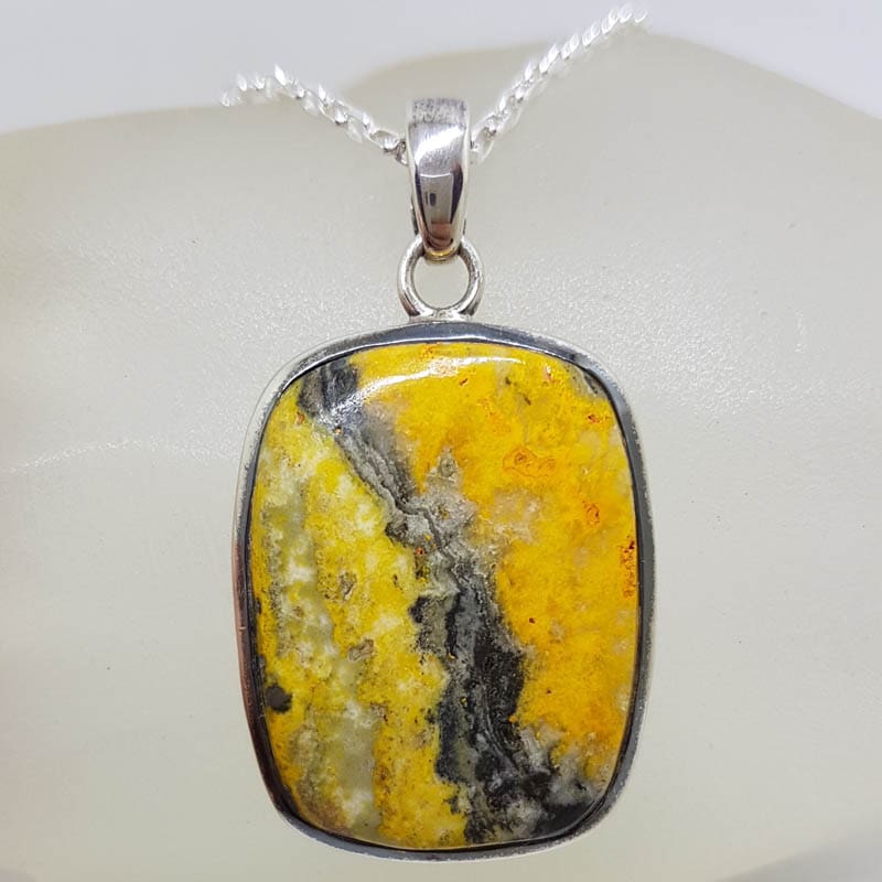 Sterling Silver Bumble Bee Jasper / Quartz Large Rectangular Bezel Set Pendant on Silver Chain