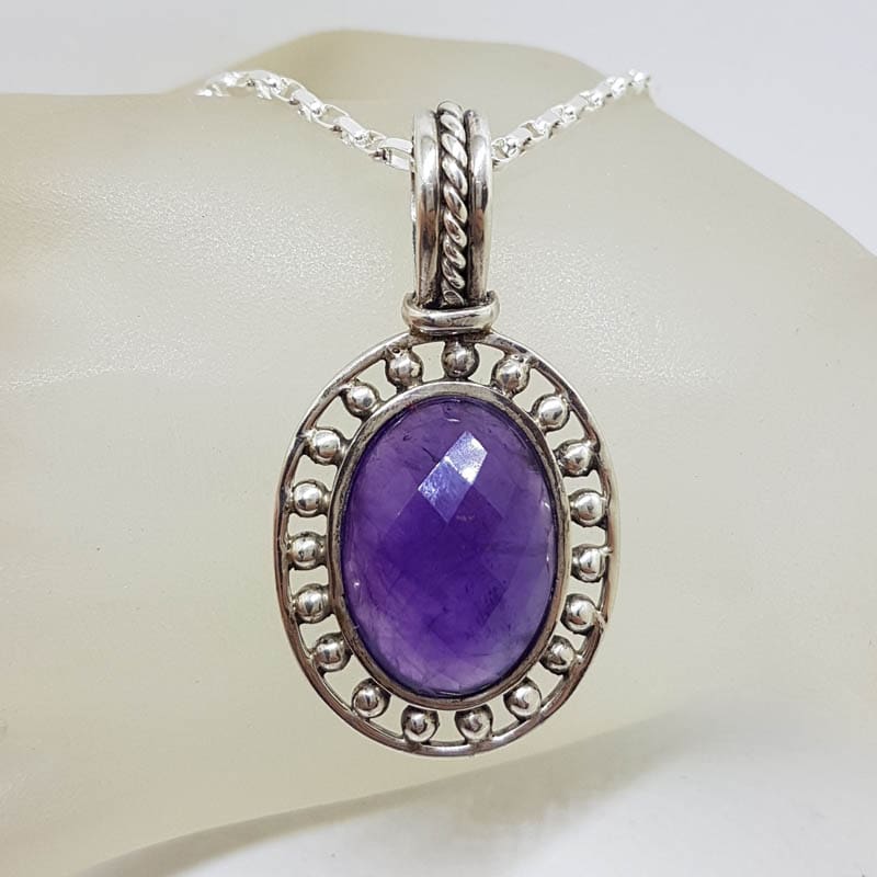 Sterling Silver Amethyst Faceted Oval in Ornate Rimmed Setting Pendant on Silver Chain