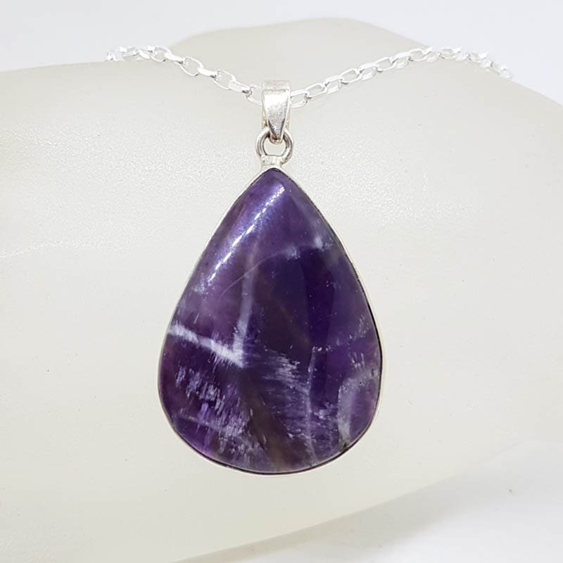 Sterling Silver Amethyst Large Teardrop / Pear Shape Bezel Set Pendant on Silver Chain