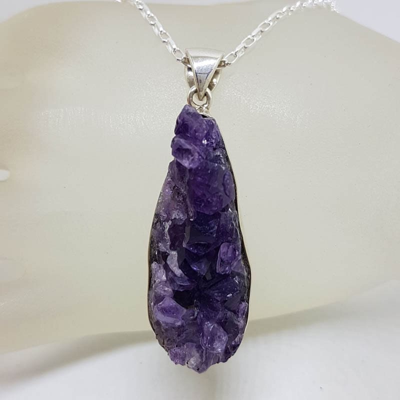 Sterling Silver Amethyst Cluster Natural Form Large Teardrop / Pear Shape Bezel Set Pendant on Silver Chain