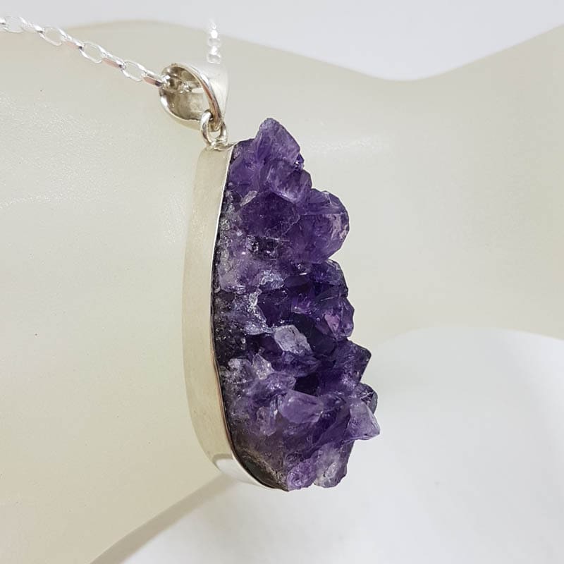 Sterling Silver Amethyst Cluster Natural Form Large Teardrop / Pear Shape Bezel Set Pendant on Silver Chain