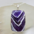 Sterling Silver Banded Amethyst Large Rectangular Bezel Set Pendant on Silver Chain