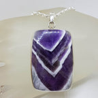 Sterling Silver Banded Amethyst Large Rectangular Bezel Set Pendant on Silver Chain