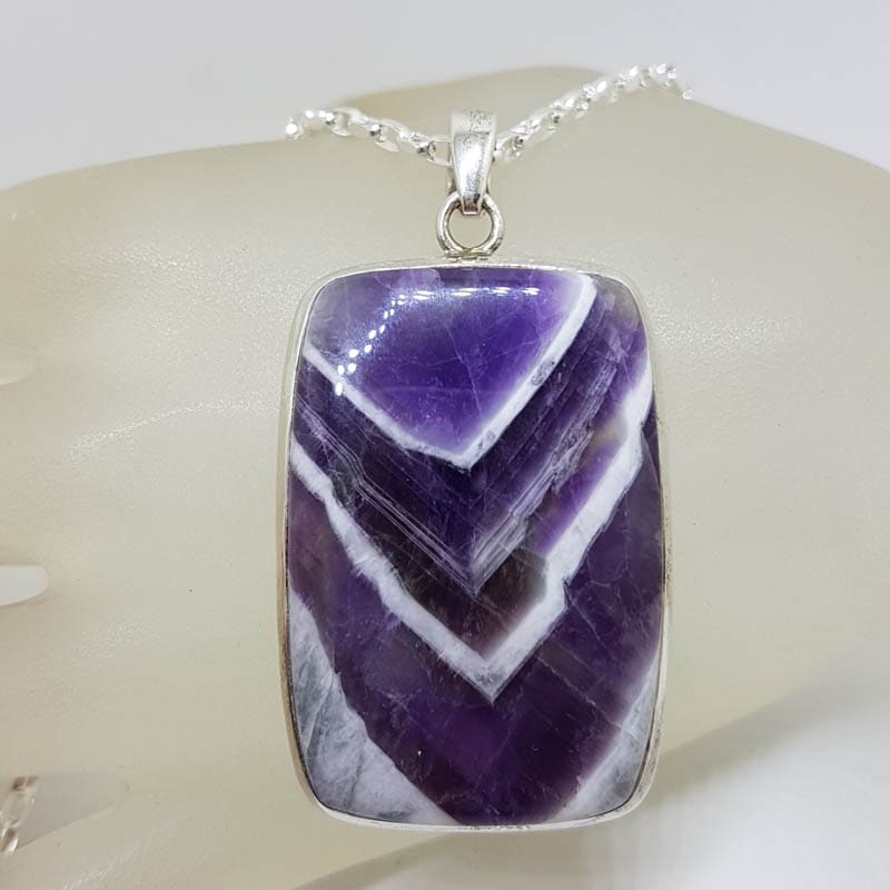 Sterling Silver Banded Amethyst Large Rectangular Bezel Set Pendant on Silver Chain