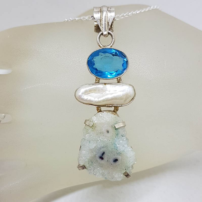Sterling Silver Large Druzy Solar Quartz Slice with Pearl and Topaz Pendant on Silver Chain