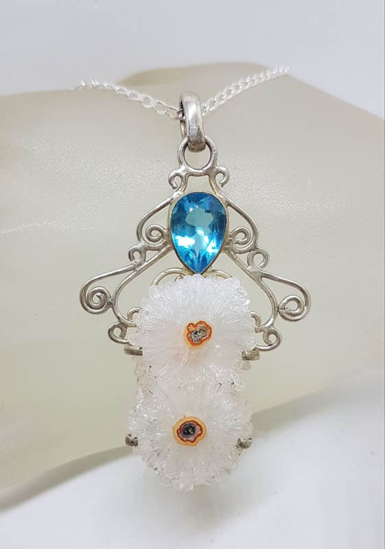 Sterling Silver Large Druzy Solar Quartz Slice with Topaz Ornate Filigree Pendant on Silver Chain