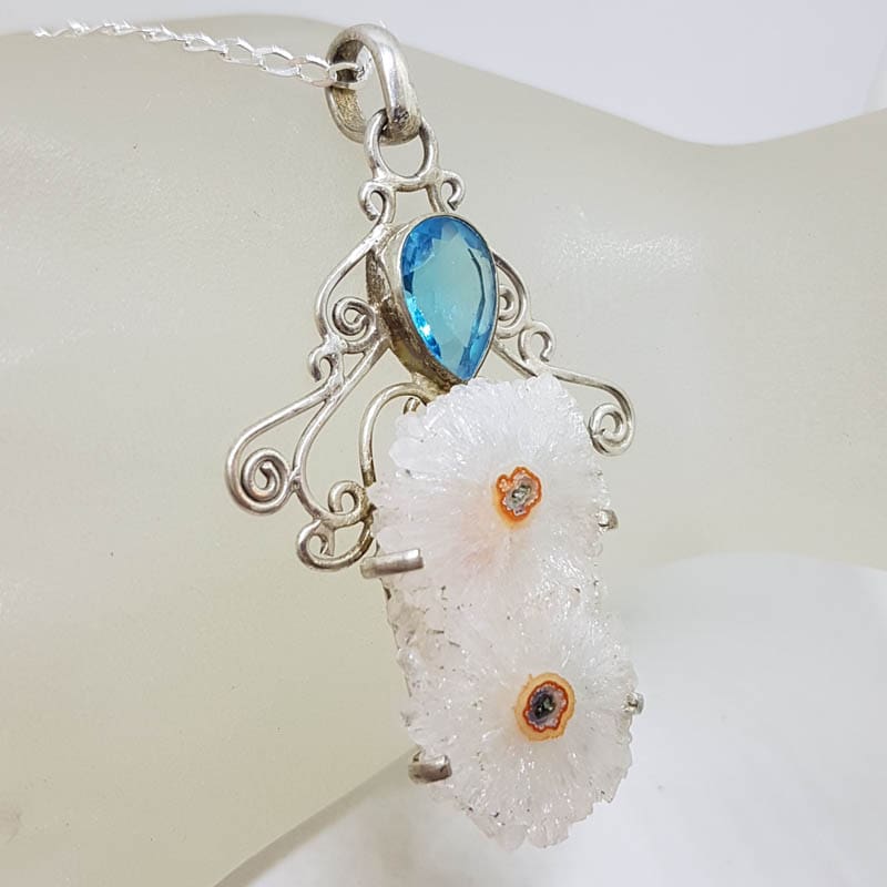 Sterling Silver Large Druzy Solar Quartz Slice with Topaz Ornate Filigree Pendant on Silver Chain