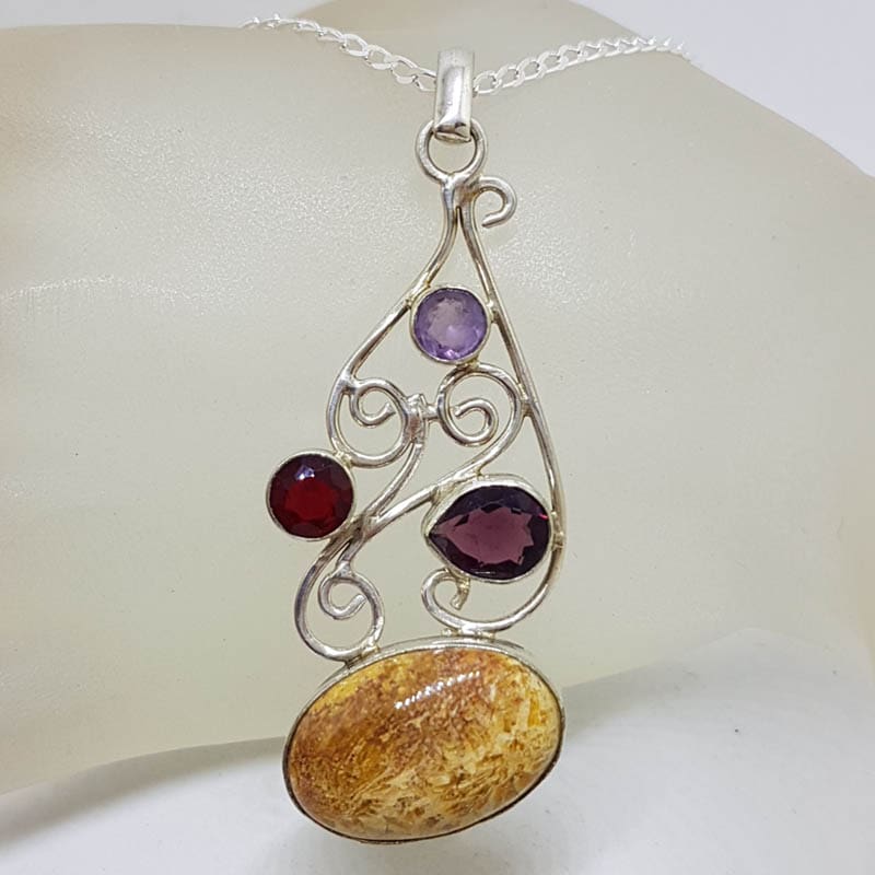 Sterling Silver Oval with Garnet and Amethyst Ornate Filigree Pendant on Silver Chain