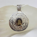 Sterling Silver Large Round Ornate Filigree Smokey Quartz Pendant on Silver Chain