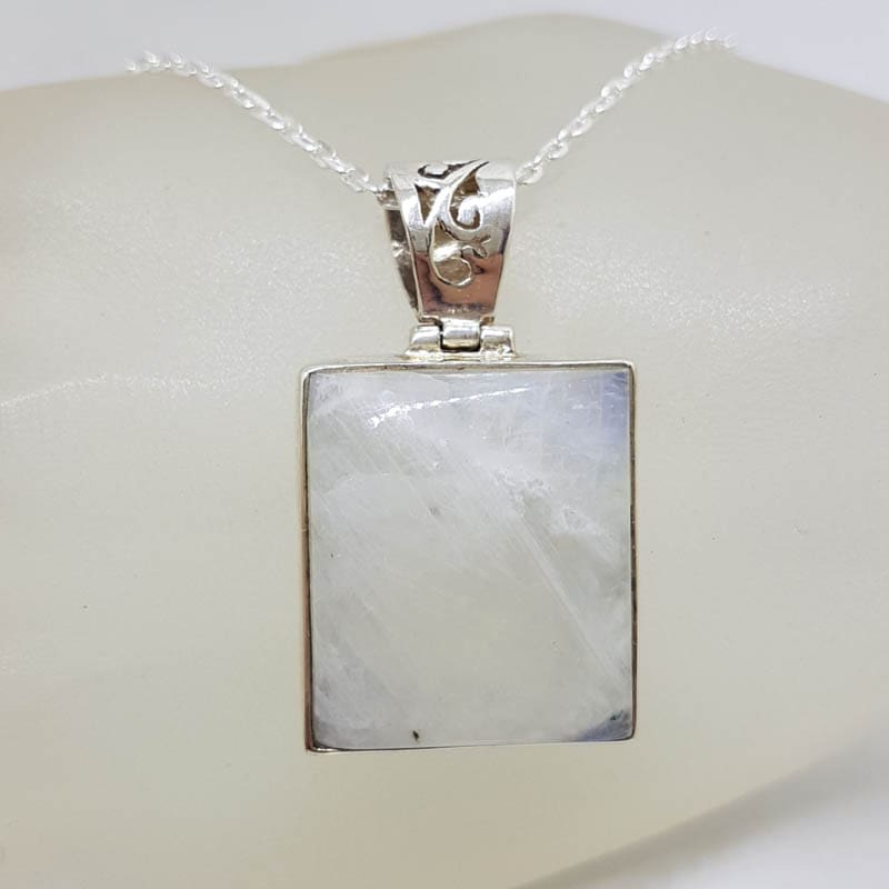 Sterling Silver Moonstone Rectangular Ornate Top Pendant on Silver Chain