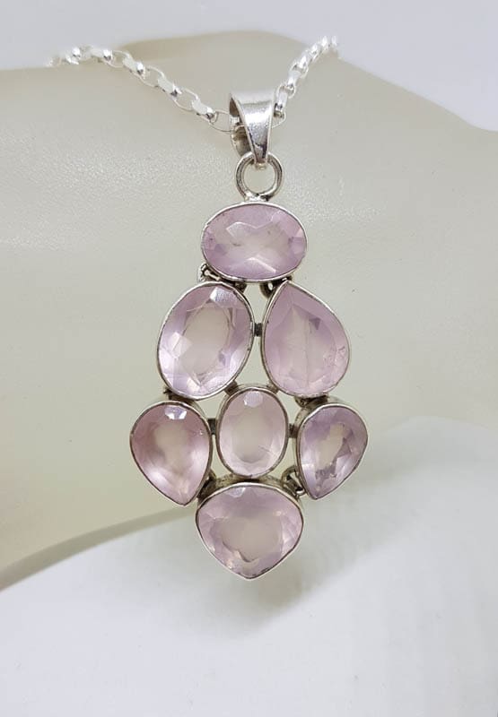 Sterling Silver Rose Quartz Large Cluster Pendant on Silver Chain