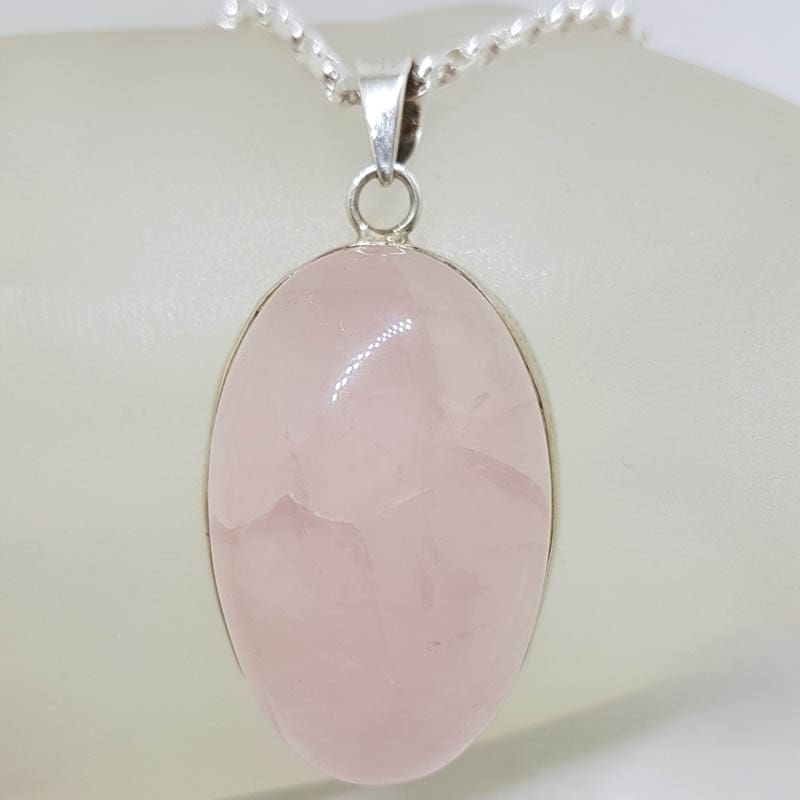 Sterling Silver Rose Quartz Large Cabochon Cut Oval Pendant on Silver Chain